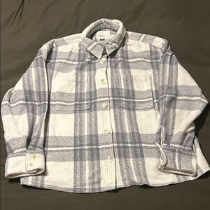 American Eagle Cozy Plaid Shirt Jacket White and Gray Shacket